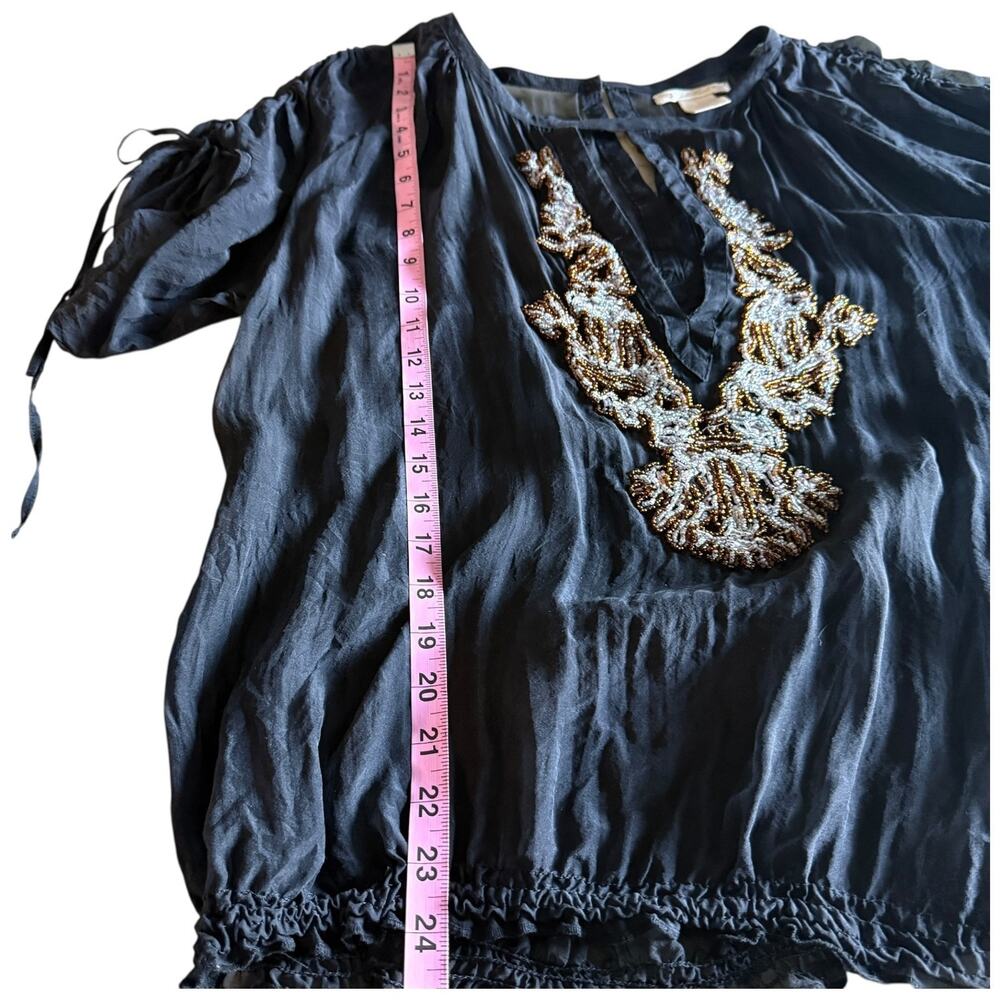 Gold Hawk Vintage Beaded Blouse Silk Sheer Black Top Boho  L - Picture 12 of 15